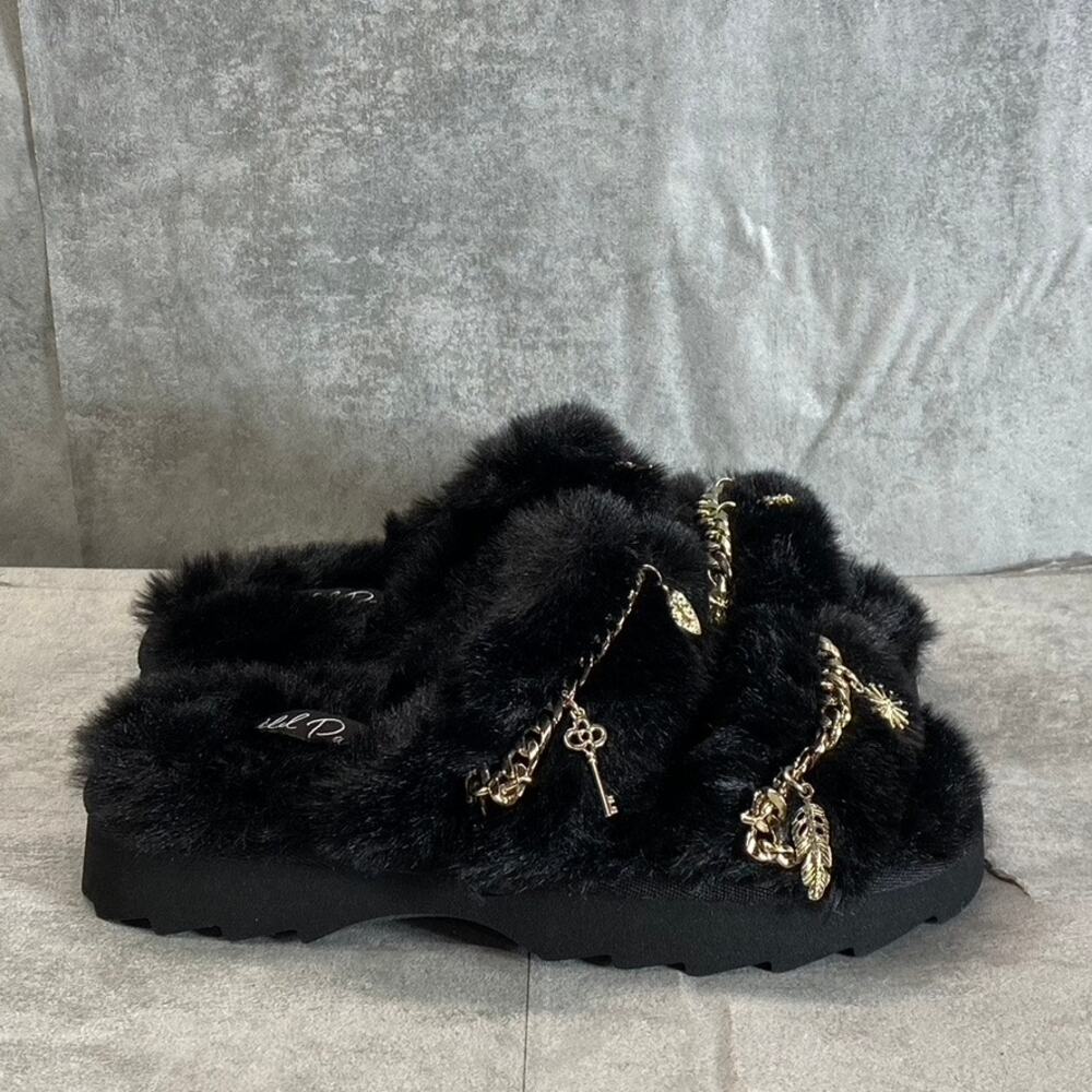 WILD PAIR Women's Black Paiyge Chain Faux-Fur Slide Slip-On Slippers SZ 6